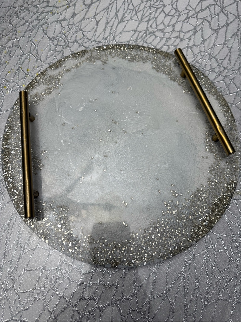 Round Silver Glitter Resin Serving Tray with Brass Handles - Picture 3 of 11